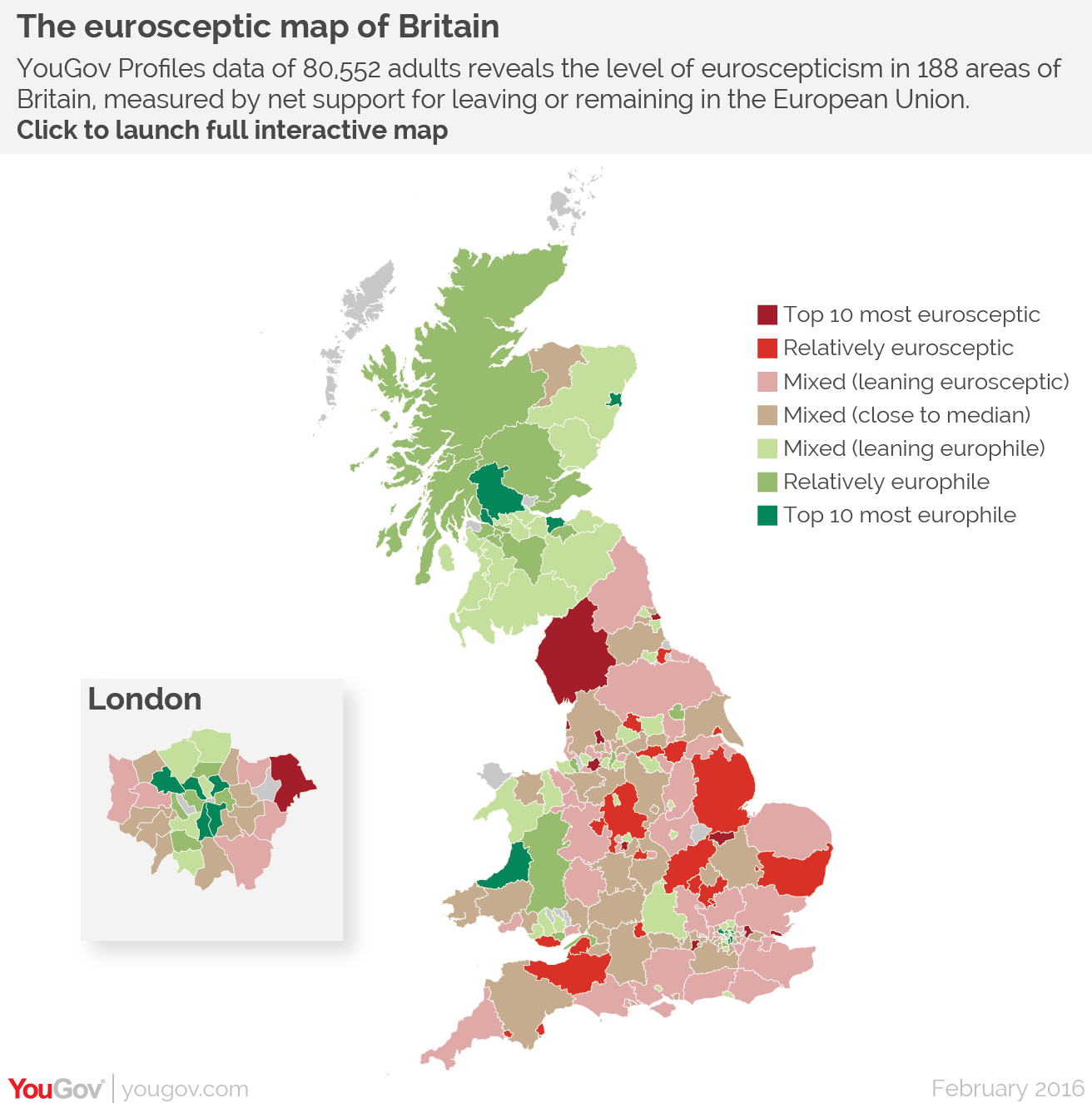 Map Uk Leave Remain New YouGov Profiles research of over 80,000 people reveals the most and least Eurosceptic areas of Britain